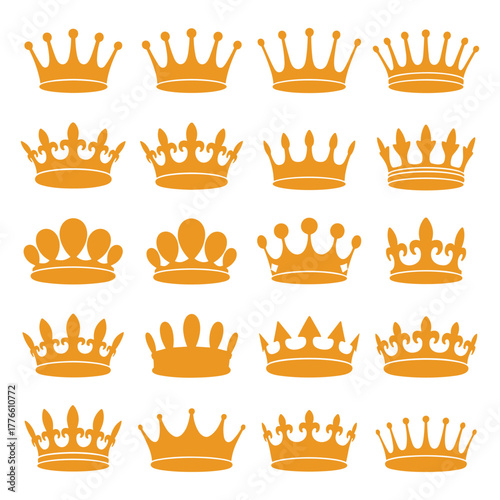 Collection of diverse royal crowns and regalia, symbolizing monarchy and power in vector art