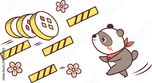 Adorable panda bear joyfully running through a whimsical garden of flowers and sushi rolls, chasing a playful toy fish, perfect for kids designs