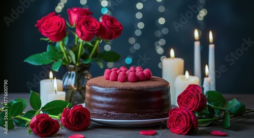 Valentine’s Dessert – Romantic Chocolate Cake with Roses and Candlelight