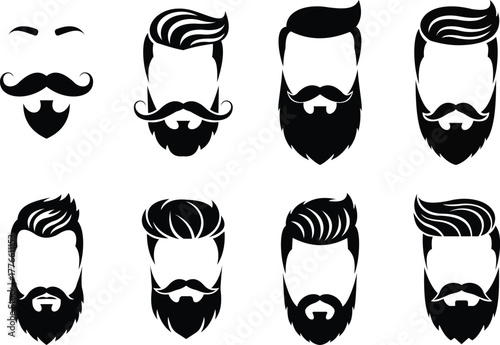Male hairstyle and beard silhouette collection with stylish mustache icons – barbershop, grooming, hipster, fashion, vector illustration