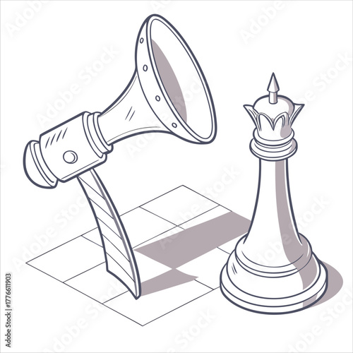 Minimalist vector illustration of a chess queen and megaphone on a board, symbolizing strategy, leadership, power, and the influence of communication.