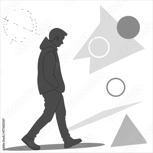 A lone figure walking through abstract geometric shapes — symbolizing introspection, solitude, and the quiet rhythm of thought and motion.