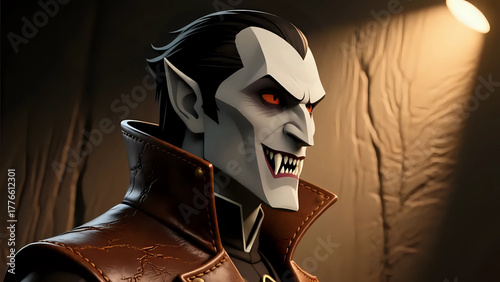 A sophisticated vampire's profile, with sharp fangs and a high collar, tooled into rich, brown distressed leather.