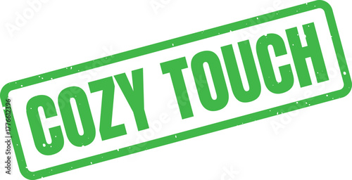 A vibrant green rectangular stamp with the textured words COZY TOUCH represents warmth and comfort