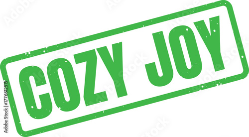 Green COZY JOY Text on a Distressed Rectangular Rubber Stamp Mark