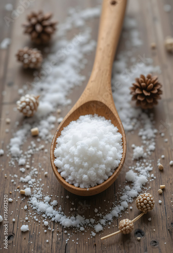 Wooden spoon filled with salt surrounded by decorative natural elements on a rustic table