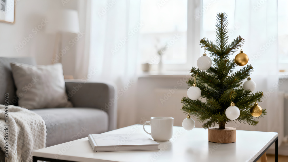 Naklejka premium Cozy Living Room with Small Christmas Tree and Mug
