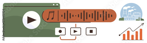 Media player window with a play button, audio waveform, playback buttons, industrial backdrop, and growth chart. Ideal for media streaming, data analytics, user interaction, content creation