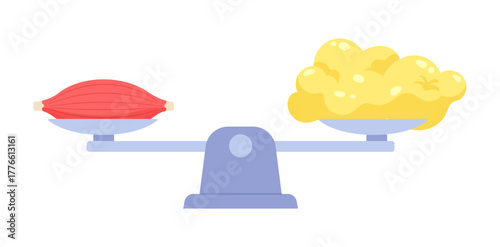 Comparison of Muscle and Fat on Weight Scale. Adipose tissue and muscle size in same weight. Flat vector illustration on white background.