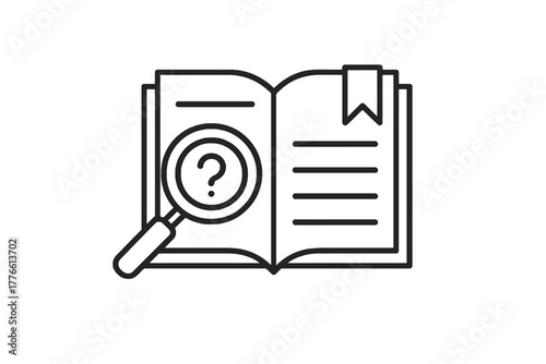 Minimalist linear icon showing a book with magnifier and question mark, ideal for help centers, learning guides, and educational or corporate training designs.