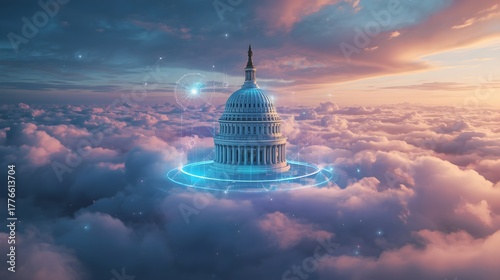 Capitol dome rising from digital clouds, with luminous networks and data lines symbolizing government modernization, hybrid multi-cloud infrastructure, security, and civic trust on a sleek backdrop.

