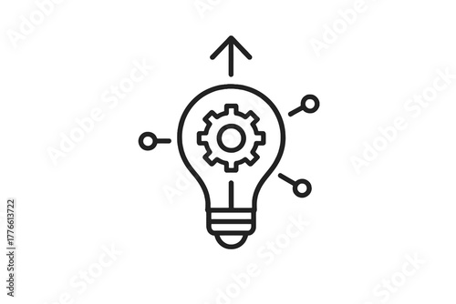 Black thin line vector icon of a light bulb with gear and upload arrow, representing innovation, idea sharing, and collaborative knowledge flow, perfect for education and business design.