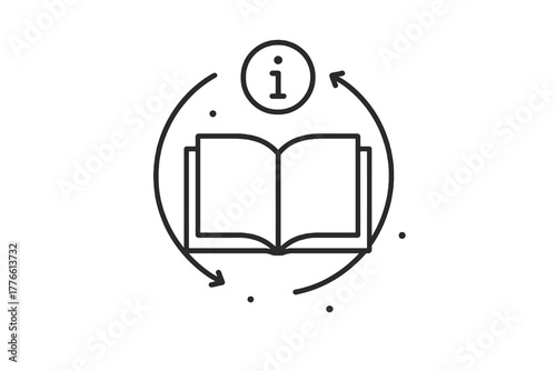 Minimal linear icon showing an open manual with circular arrows and info mark, ideal for help center, instruction, and knowledge management design projects.