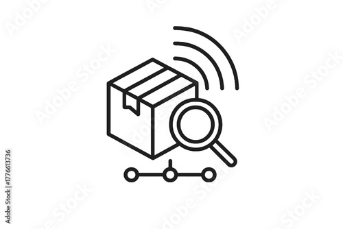 Black thin line vector icon of a parcel with magnifying glass and signal lines, symbolizing package tracking, delivery monitoring, and logistics transparency.