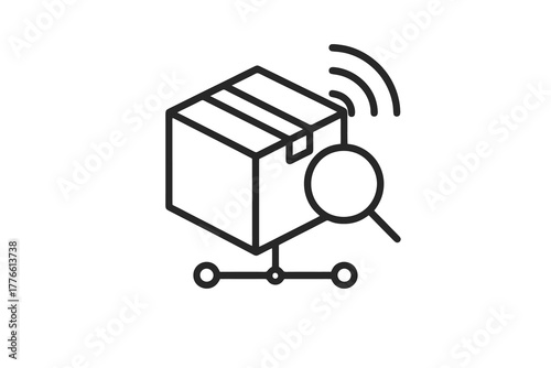 Minimalist linear icon showing a box under inspection with tracking signals, ideal for logistics dashboards, shipping management, and e-commerce fulfilment design.