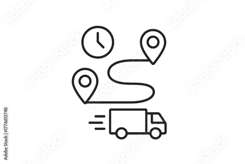Minimal linear icon showing truck, route, and clock, representing accurate tracking, punctual transport, and fast delivery services for business and e-commerce visuals.