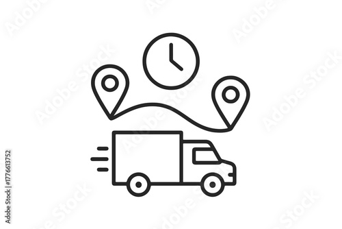 Black thin line vector icon of a delivery truck following a route with location pins and a clock, symbolizing on-time shipping, fulfilment, and logistics reliability.