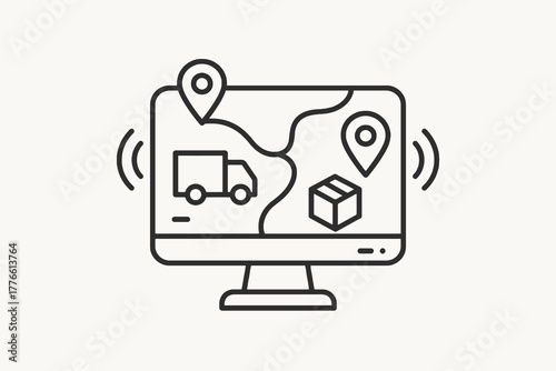 Black thin line vector icon of a logistics control screen with map, truck, and parcel symbols, representing tracking, fulfilment, and e-commerce delivery management.