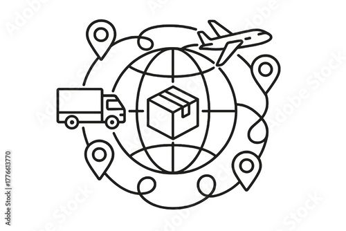 Complex black thin line vector icon showing global logistics network with map, routes, pins, and vehicles, perfect for international delivery, fulfilment, and e-commerce design.