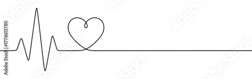 Continuous one line drawing depicting a heartbeat on an EKG line with a central heart symbol, representing health, love, and vitality.