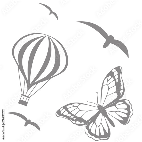 Minimalist vector illustration of a hot air balloon, butterfly, and flying birds in the sky, symbolizing freedom, adventure, exploration, and lightness.
