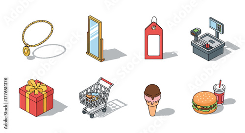 Isometric shopping and food icons collection featuring retail and fast food elements