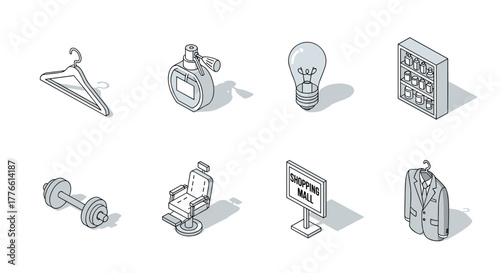 Isometric icons of shopping and lifestyle items with minimalistic design