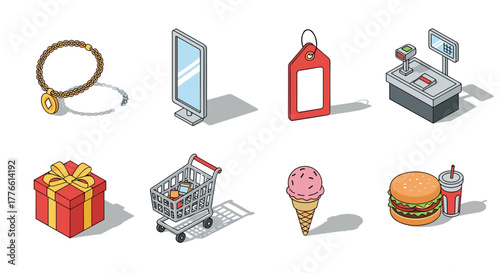 Essential shopping and retail icons in isometric design