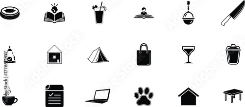 Collection of black and white silhouette icons representing various lifestyle activities and objects