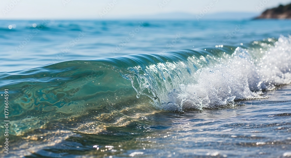 Fototapeta premium Calm Blue Ocean Wave Breaking Near Shore on Clear Day