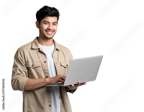 Smiling Young Man Using Laptop isolated on transparent background.