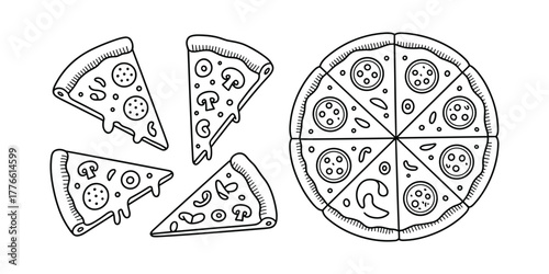 Hand Drawn Pizza Illustration with Slices Featuring Pepperoni and Mushrooms, Whole Pizza Isolated