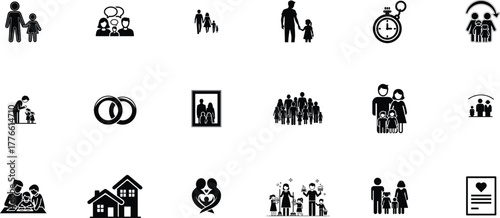Collection of simple black and white icons representing family life and relationships