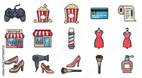 Retro style icon collection featuring fashion, beauty, and entertainment elements