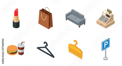 Isometric icons of shopping and retail essentials with lipstick and fast food
