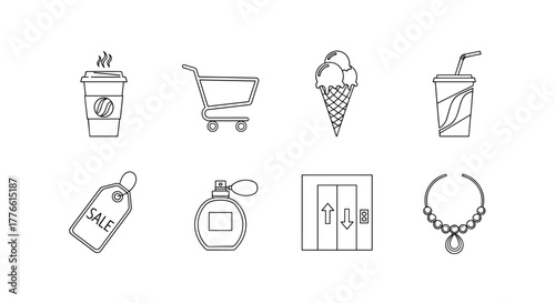 Minimalist line art icons set coffee, shopping, ice cream, drink, sale tag, perfume, elevator, necklace