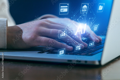 Hands typing on a laptop with artificial intelligence icons and data symbols at night
