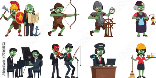 PrintFunny cartoon zombie characters working in different professions, undead workers and musicians illustration, Halloween themed creative occupation concept art