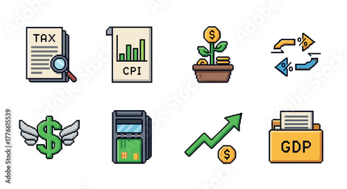 Retro pixel art icons depicting economic growth and financial concepts