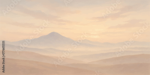 Orange and yellow desert sunset landscape with silhouetted sand dunes and mountains under a vast, beautiful sky