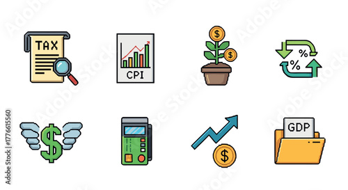 Economy and finance icons in pixel art style for modern financial concepts