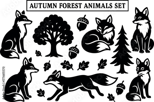 Autumn forest animals set with foxes trees acorns and leaves seasonal wildlife vector design