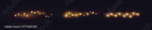 Bright garlands with a golden glow. Christmas lights for holiday illustrations. Garlands of yellow lights glow on a transparent background. Festive chain of lights.