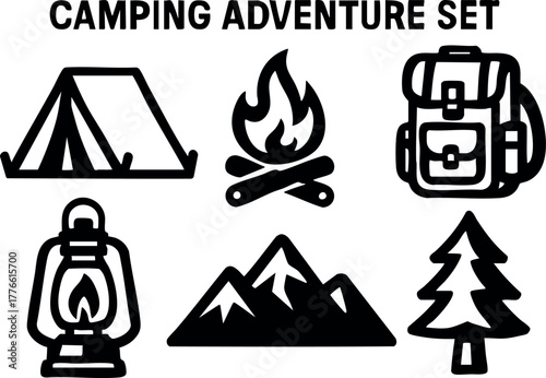 Camping adventure set with tent campfire backpack lantern mountains and pine tree icons vector illustration