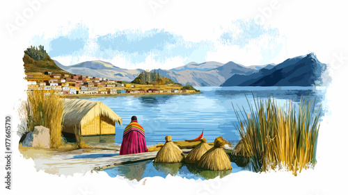 Lake Titicaca. Lake Titicaca hand drawn watercolor illustration