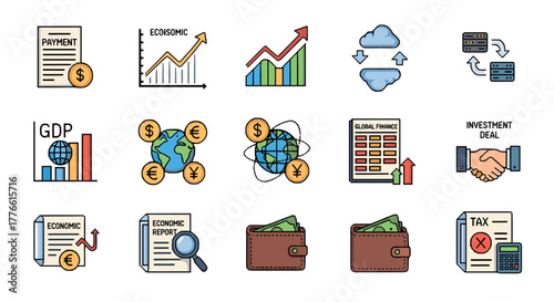 Colorful financial icons set economy growth, global finance, and investment elements