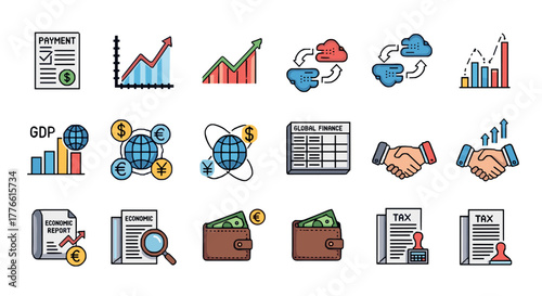 Colorful financial and economic icons depicting growth, transactions, and global market trends