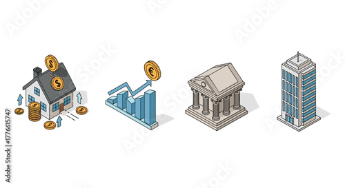 Isometric financial growth concepts with coins, graphs, and buildings