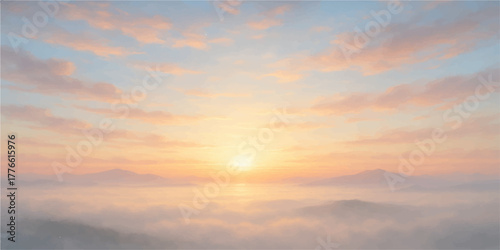 Beautiful sunset over the landscape with vibrant orange and red light illuminating the clouds and sky
