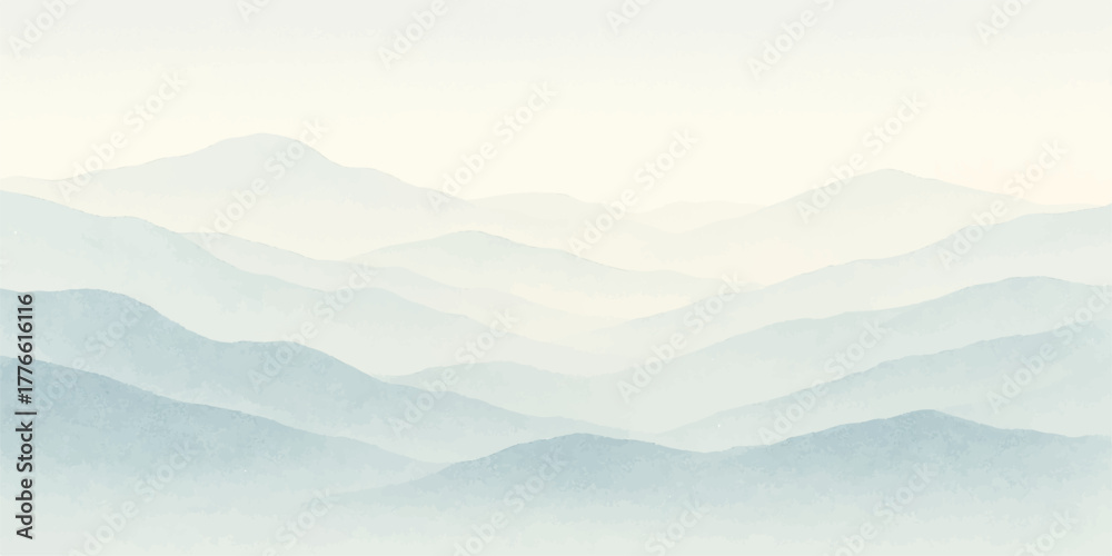 Obraz premium Misty mountain landscape view with clouds, fog, and sun at sunrise or sunset